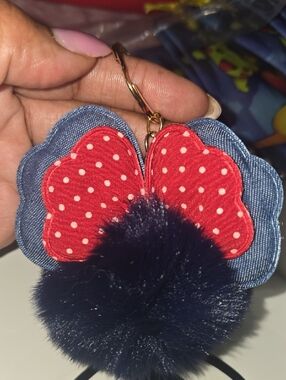NEW..Polka Dot Red Bow Pom Keychain Charm - Women Accessories